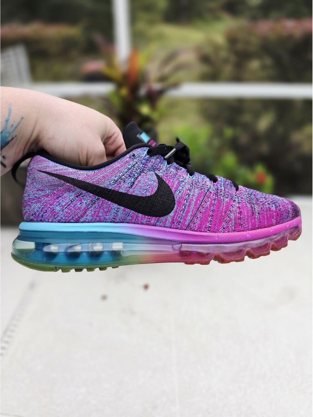 Nike Flyknit Air Max Fuchsia Blue Purple Running Shoes Womens 9.5 Mens 7 VGC